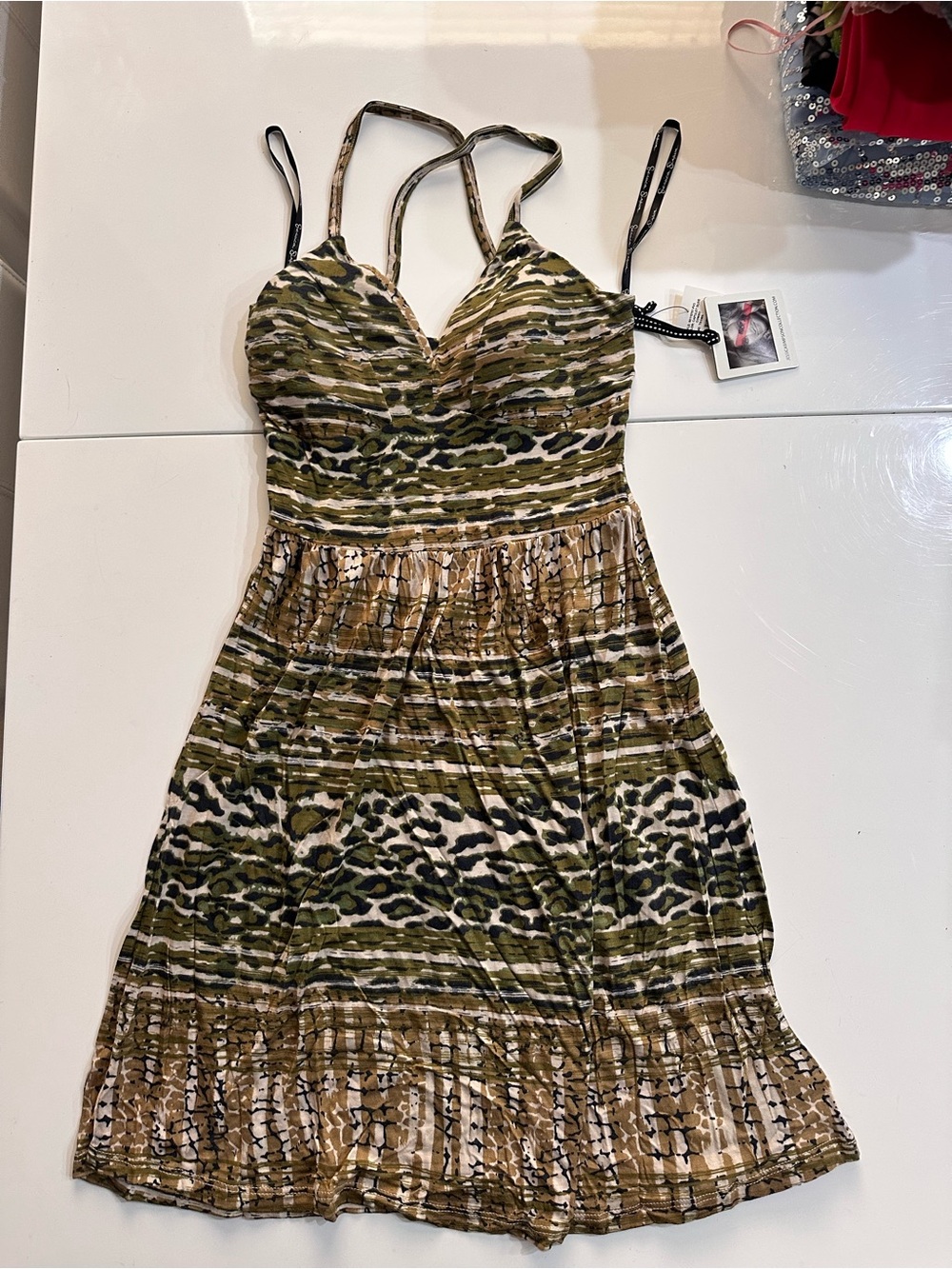 Jessica Simpson NWT Olive Green Mixed Animal Print Halter Sundress - Size XS